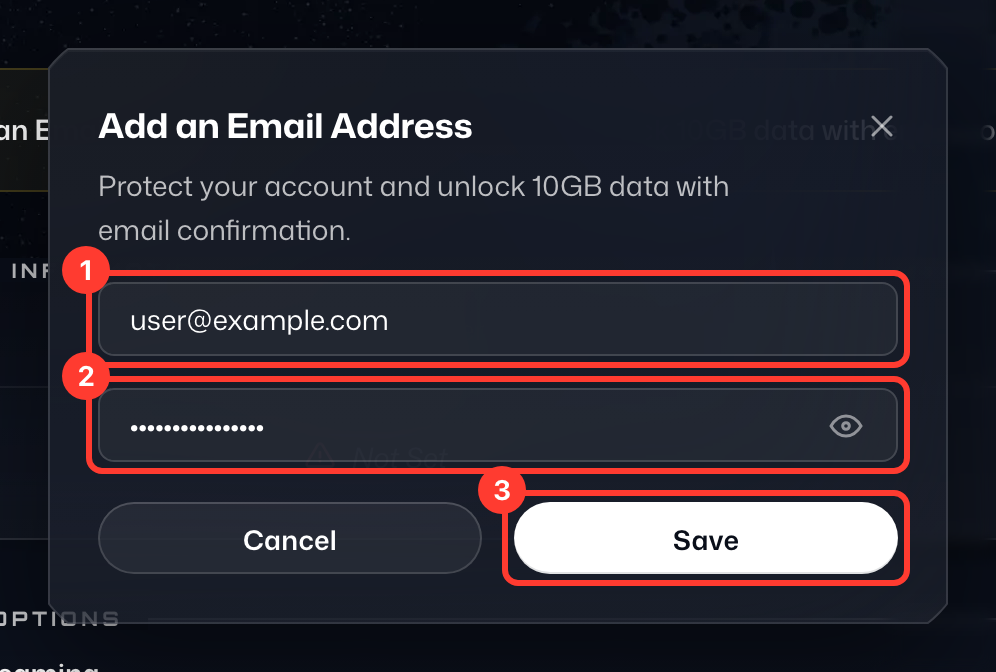 The Add an Email Address window, with the new email address (1), your current password (2) and Save (3) highlighted