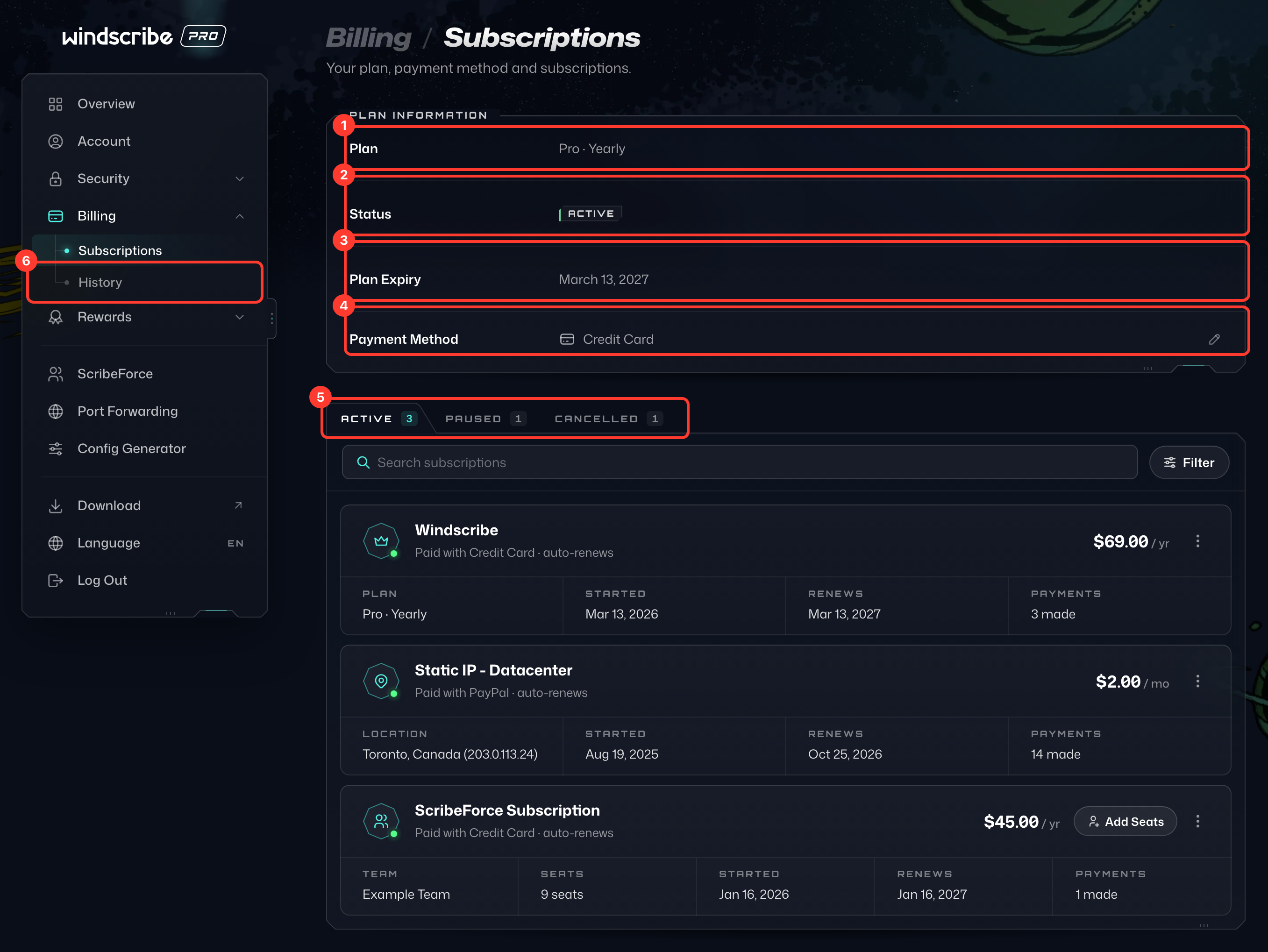 Numbered details on the Subscriptions and History pages under Billing