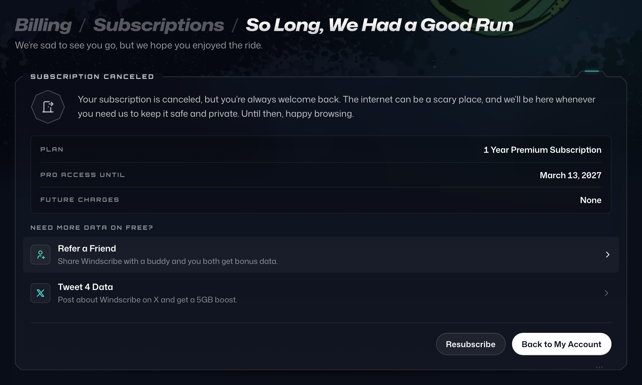 The So Long, We Had a Good Run page, showing Subscription Canceled