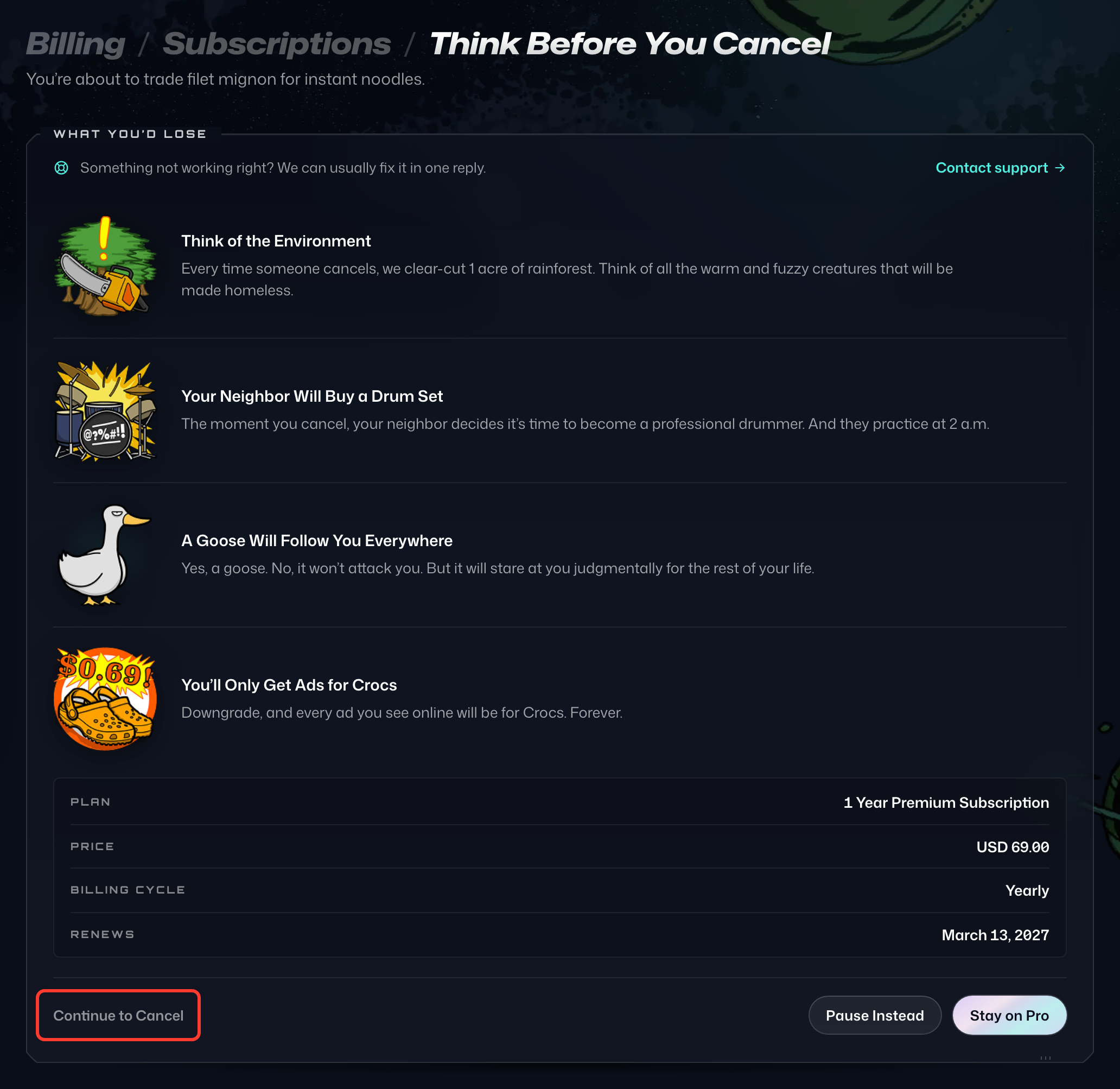 The Think Before You Cancel page, with Continue to Cancel highlighted