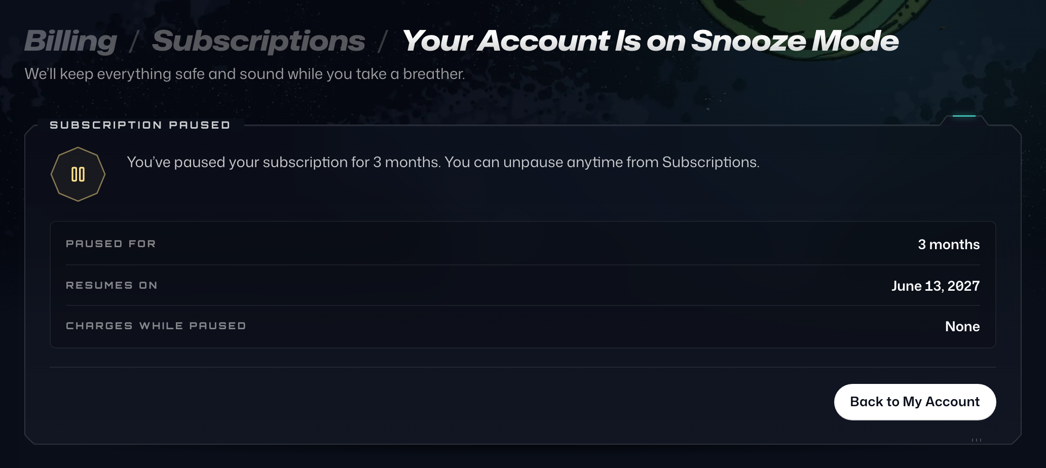 The Your Account Is on Snooze Mode page, showing Subscription Paused