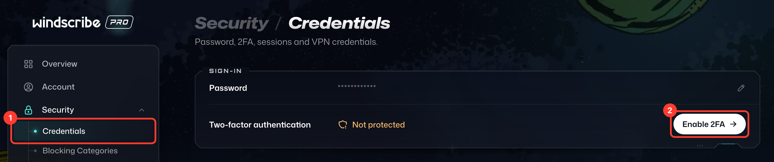 Credentials under Security in My Account, with Credentials highlighted in the sidebar and Enable 2FA highlighted on the Two-factor authentication row