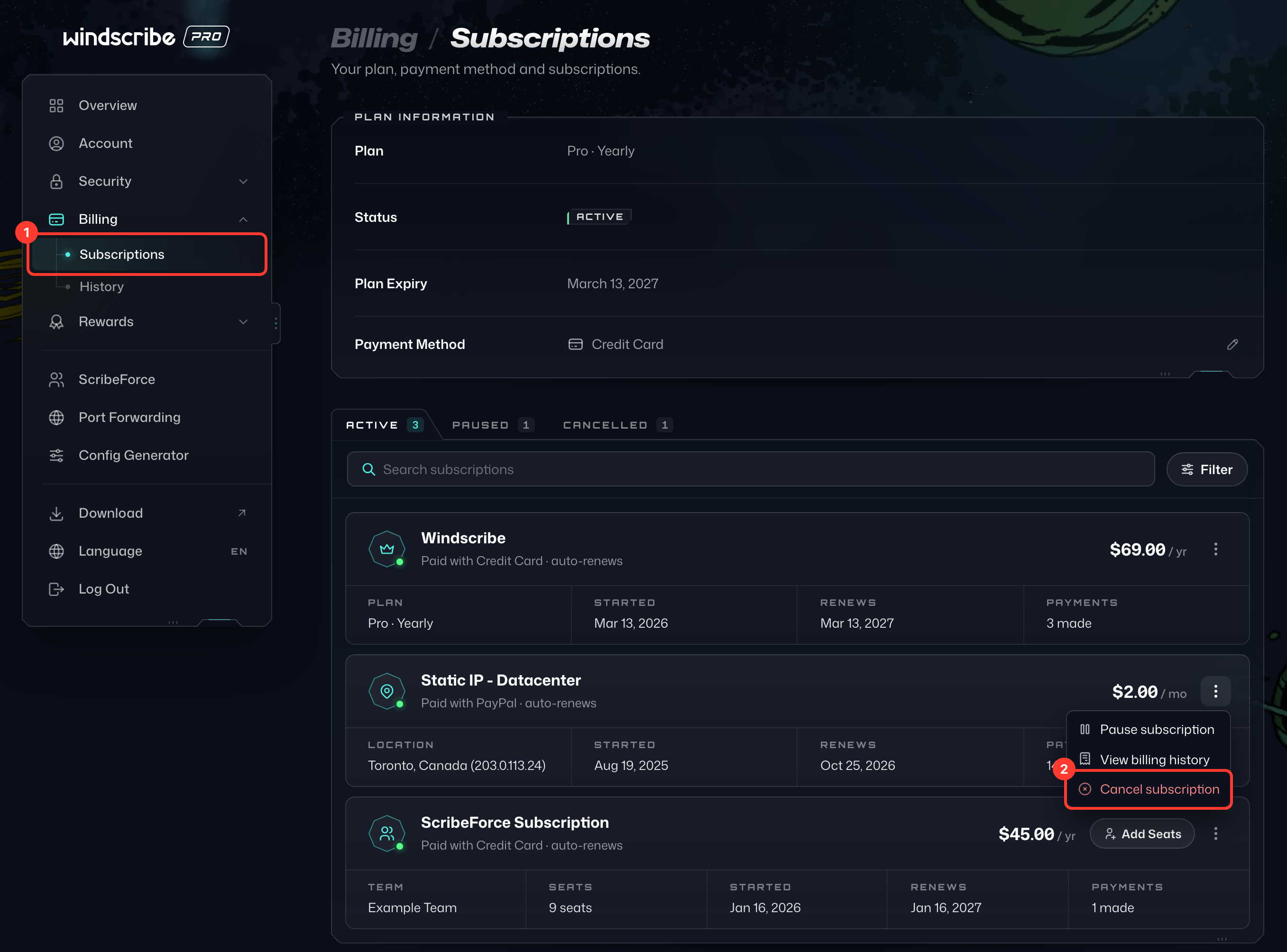 Subscriptions under Billing in My Account, with Subscriptions highlighted in the sidebar and Cancel subscription highlighted in the Static IP subscription's ⋮ menu