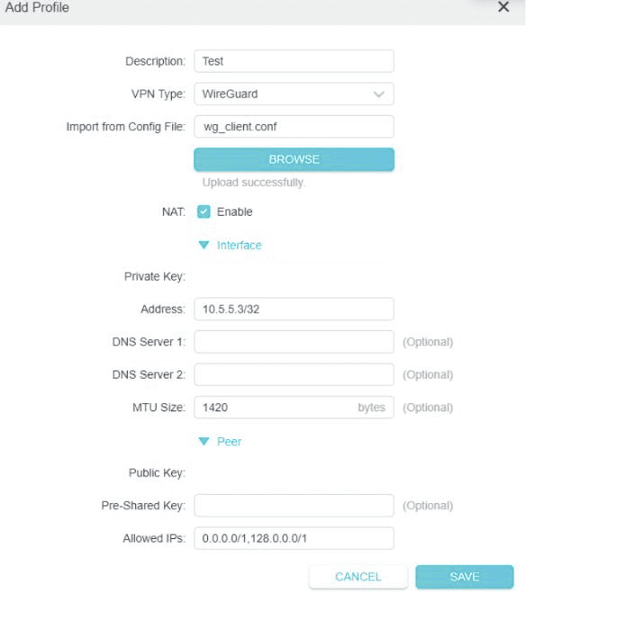 TP-Link pre-save WireGuard profile form populated from an imported config file with keys redacted